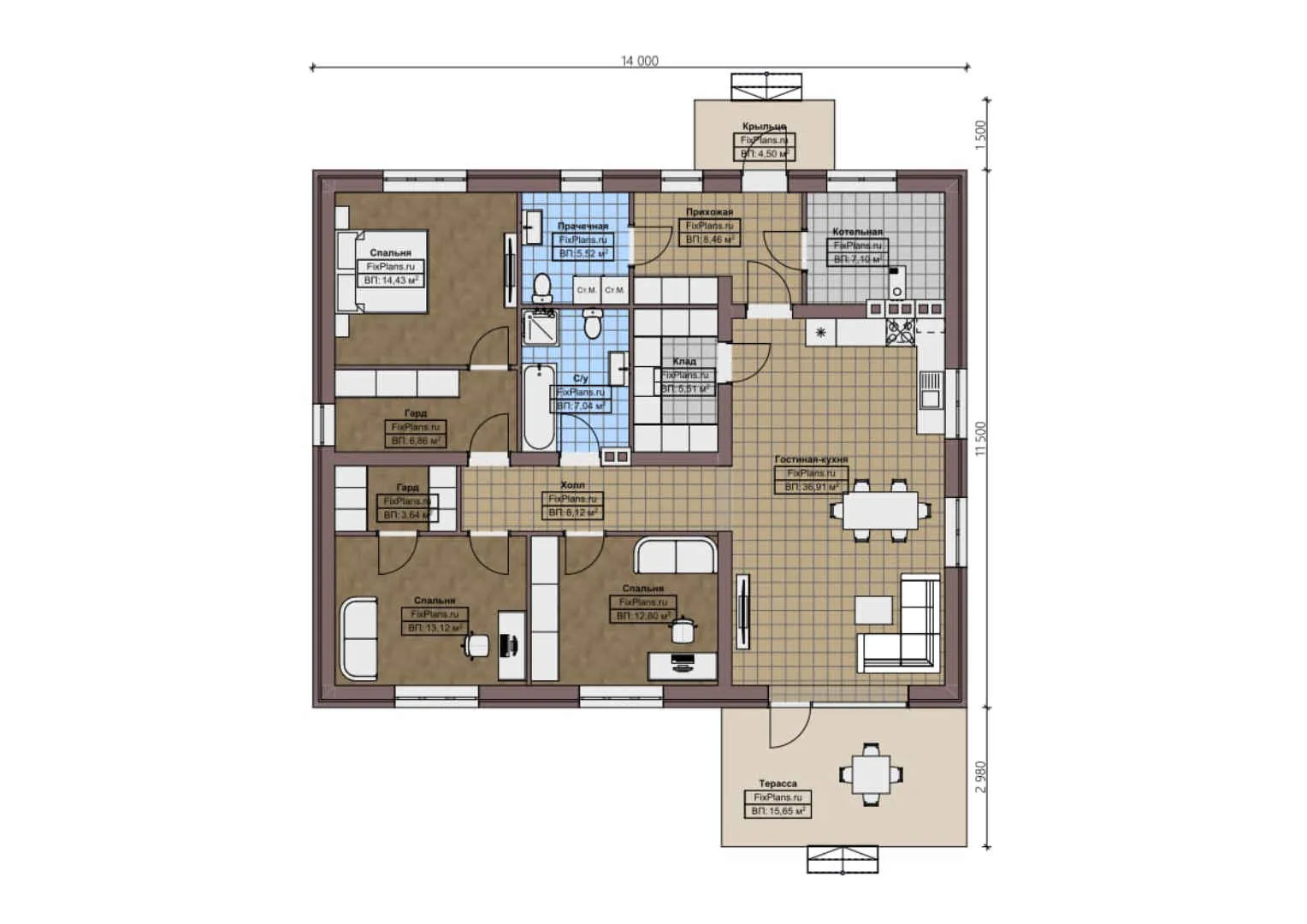 F-1232 - План одноэтажного дома 12 на 14, площадью 150 м² с террасой и 3 спальнями