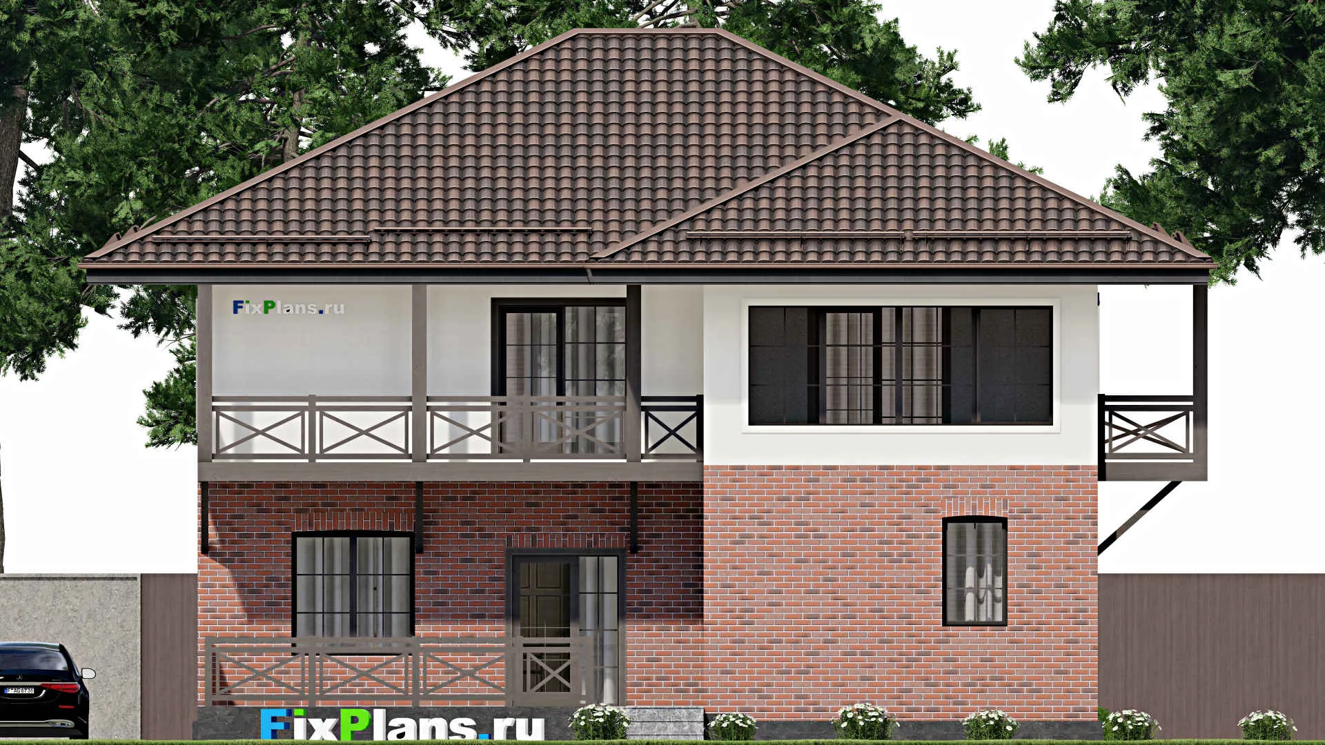 F-8558 - Проект двухэтажного дома 13 на 14, площадью 270 м² с террасой, балконом и 5 спальнями