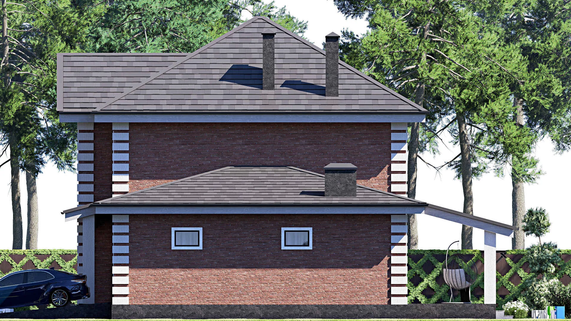 F-19412 - Проект двухэтажного дома 15 на 15, площадью 210 м² с террасой, гаражом на 1 машину и 4 спальнями