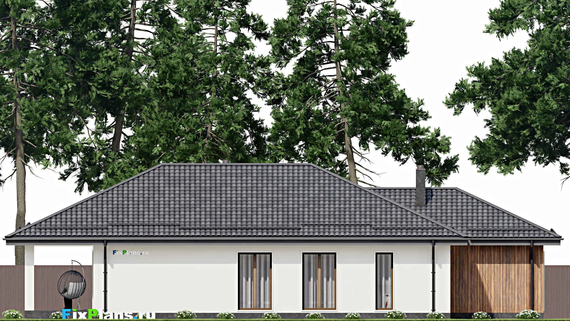 F-8630 - Проект одноэтажного дома 12 на 23, площадью 220 м² с террасой, гаражом на 1 машину и 3 спальнями