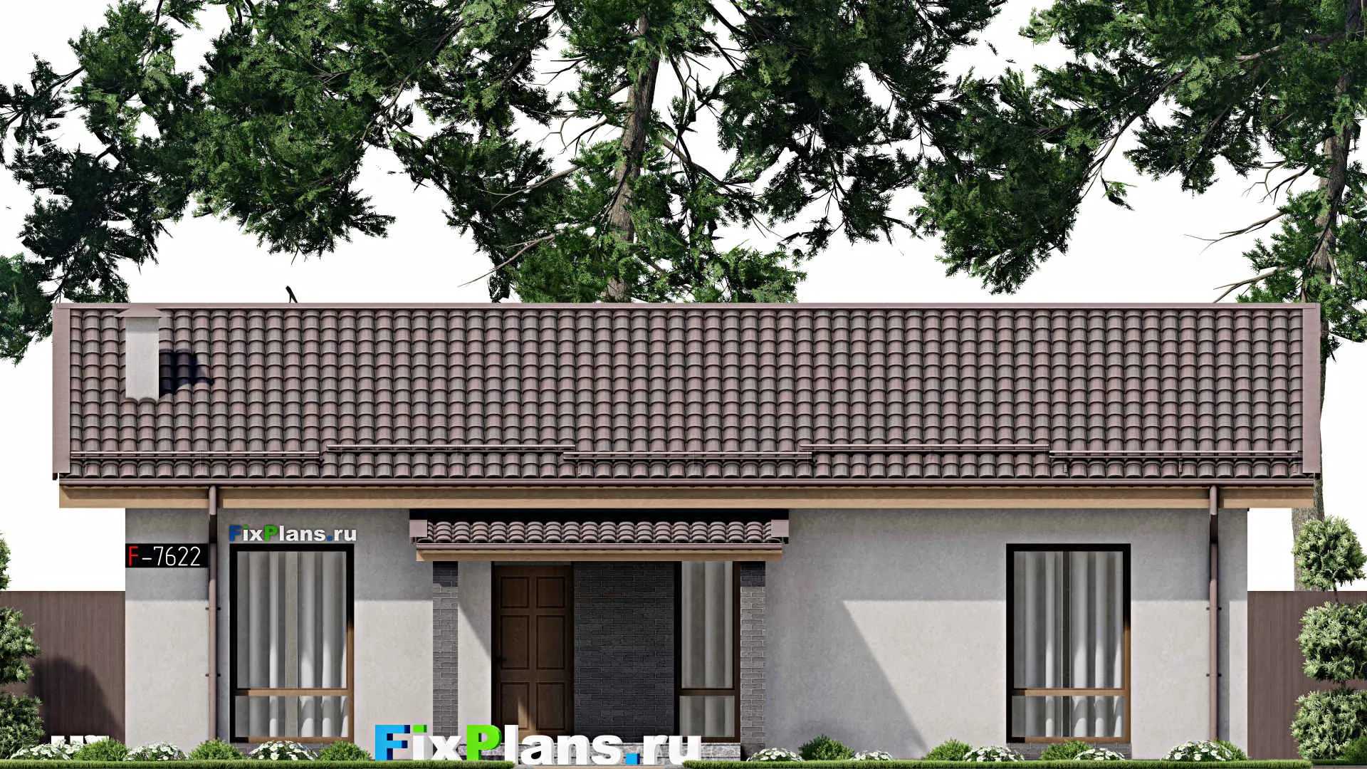 F-7622 - Проект одноэтажного дома 12 на 14, площадью 120 м² с террасой и 3 спальнями