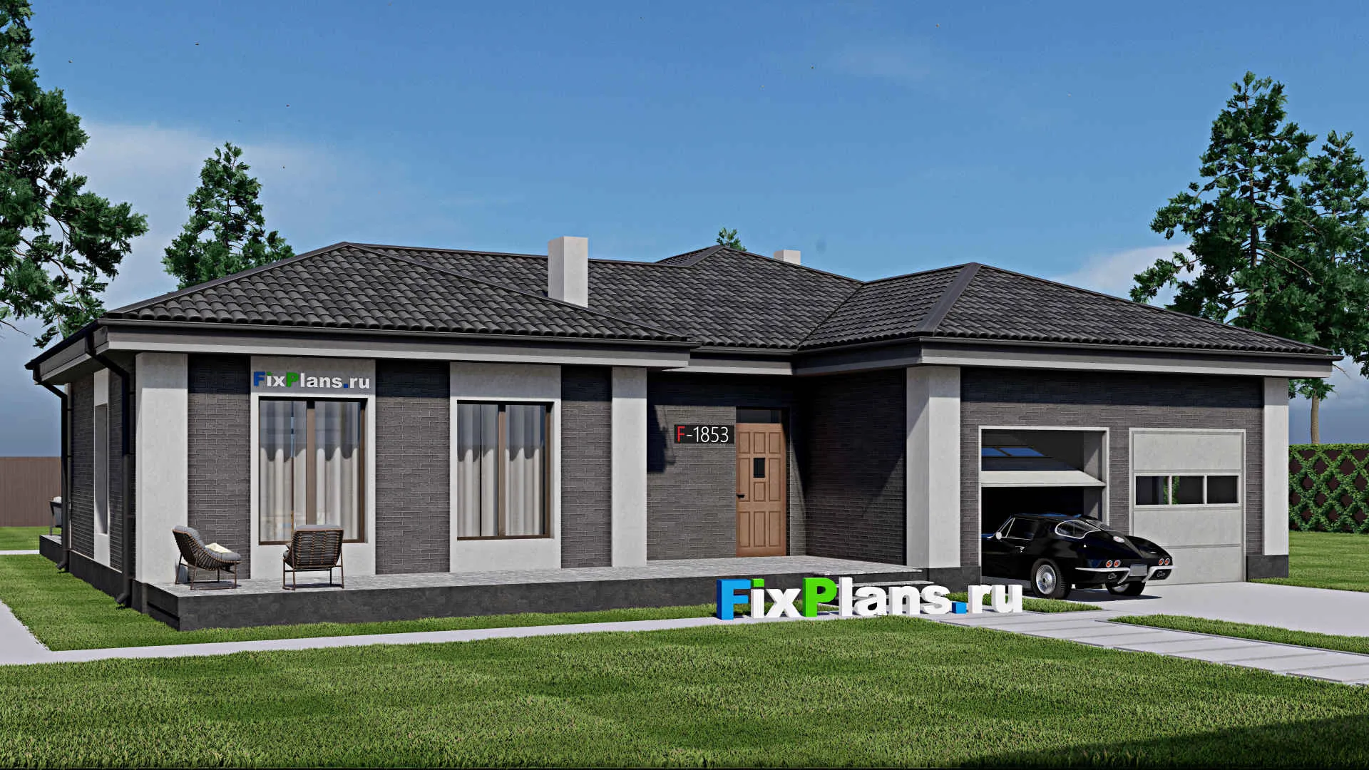 F-1853 - Проект одноэтажного дома 17 на 18, площадью 280 м² с террасой, гаражом на 2 машины и 3 спальнями