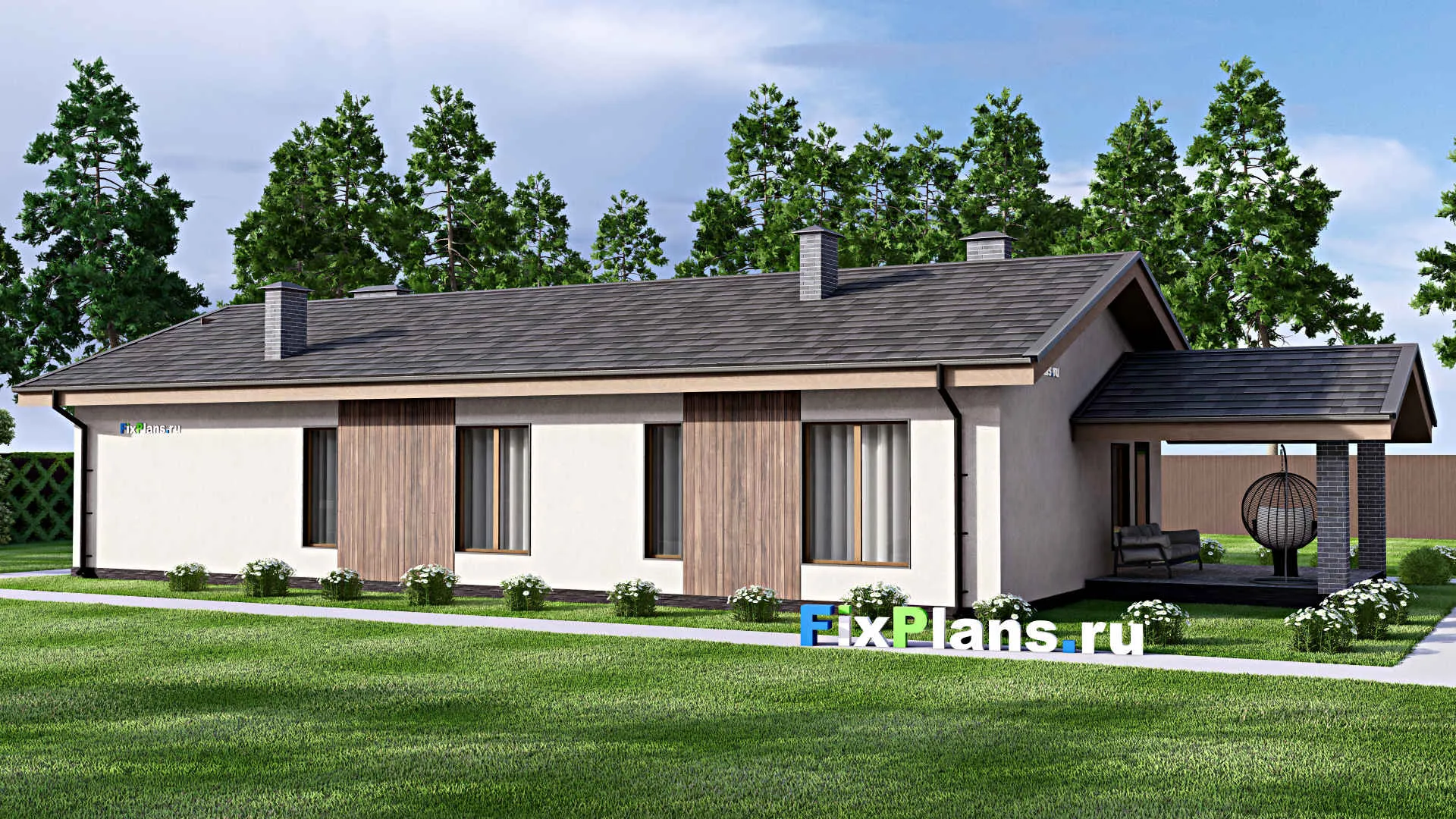 F-12923 - Проект одноэтажного дома 11 на 23, площадью 170 м² с террасой и 3 спальнями