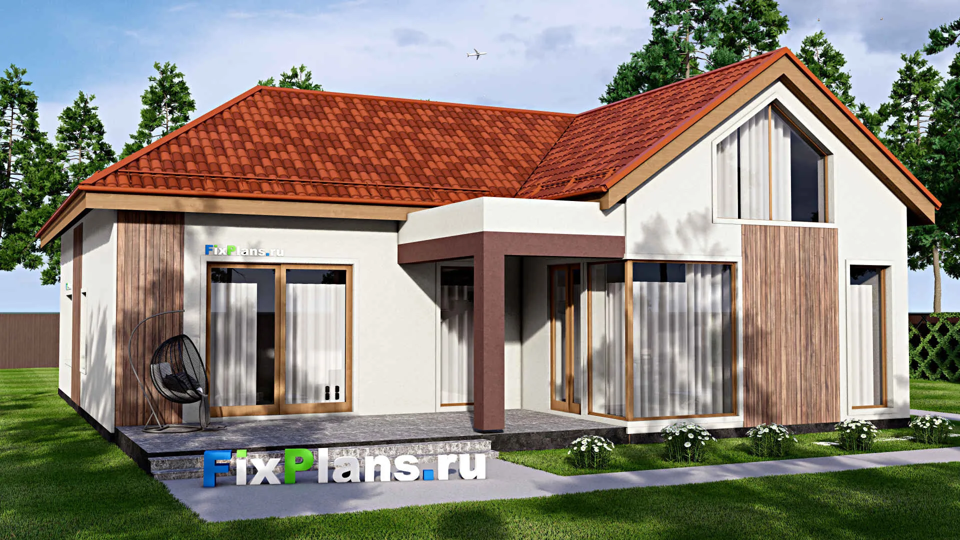 F-16244 - Проект одноэтажного дома 16 на 18, площадью 320 м² с террасой, гаражом на 1 машину и 3 спальнями