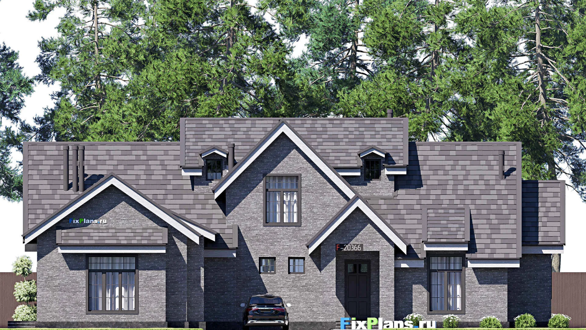 F-20366 - Проект дома с мансардой 23 на 25, площадью 340 м² с террасой, гаражом на 2 машины и 4 спальнями