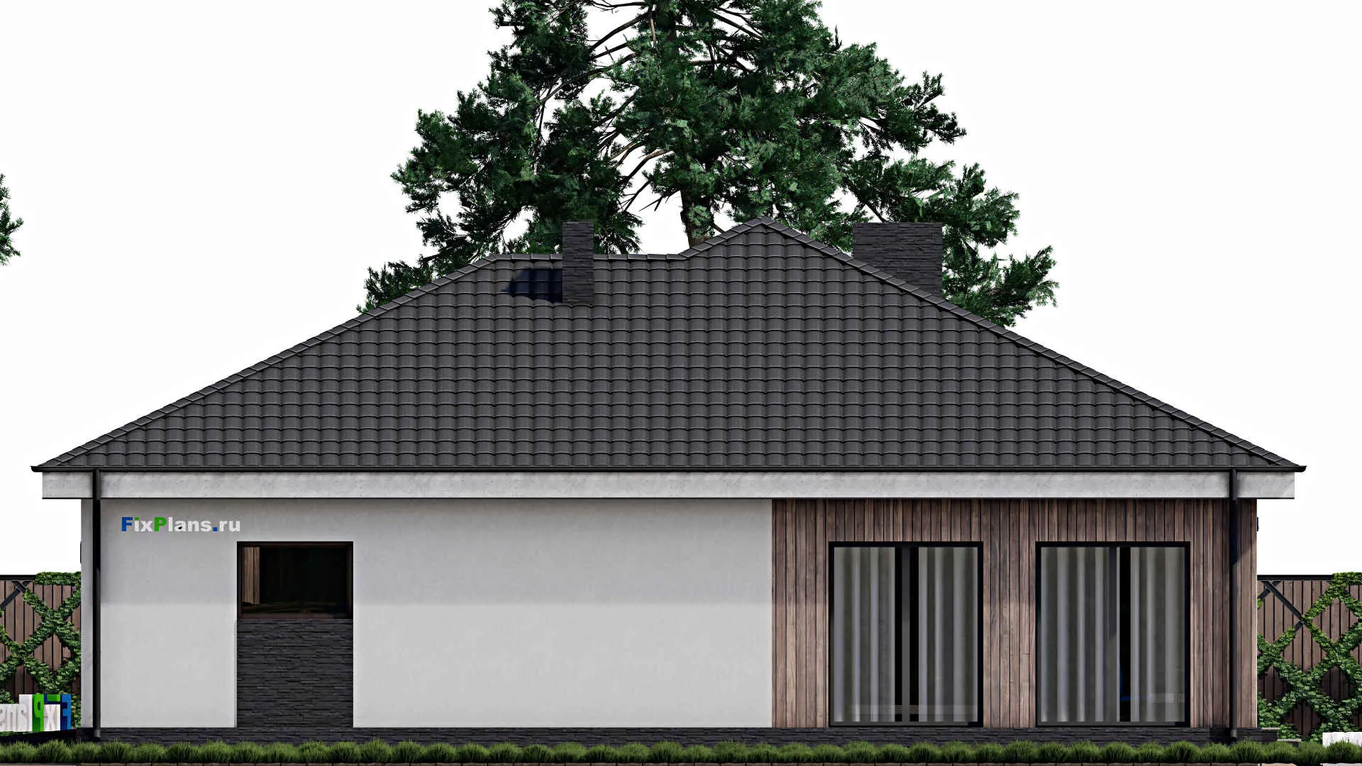 F-0296 - Проект одноэтажного дома 16 на 19, площадью 220 м² с террасой, гаражом на 2 машины и 2 спальнями