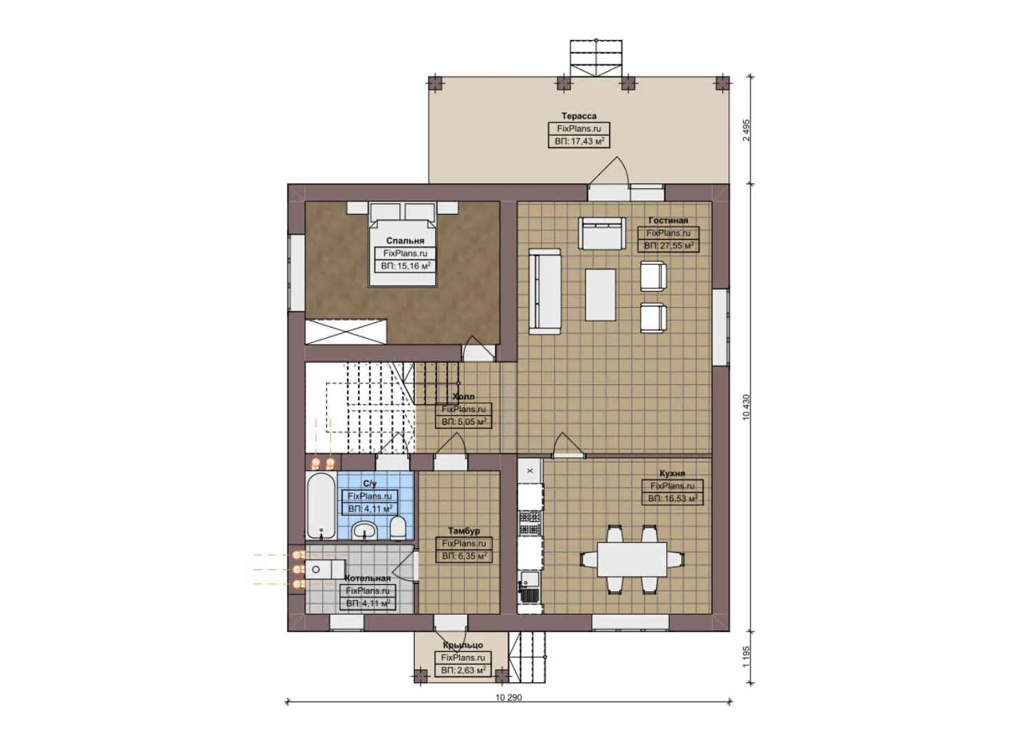 F-4238 - Планы дома с мансардой 11 на 11, площадью 180 м² с террасой и 6 спальнями