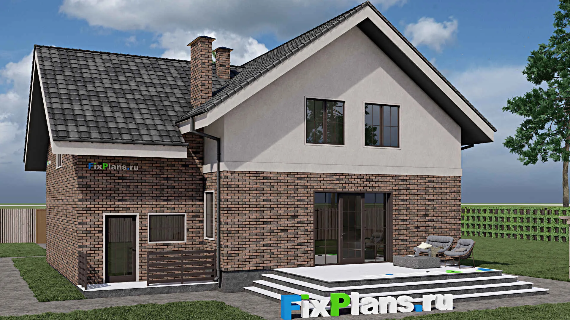 F-0908 - Проект дома с мансардой 13 на 13, площадью 260 м² с террасой, балконом, гаражом на 1 машину и 4 спальнями