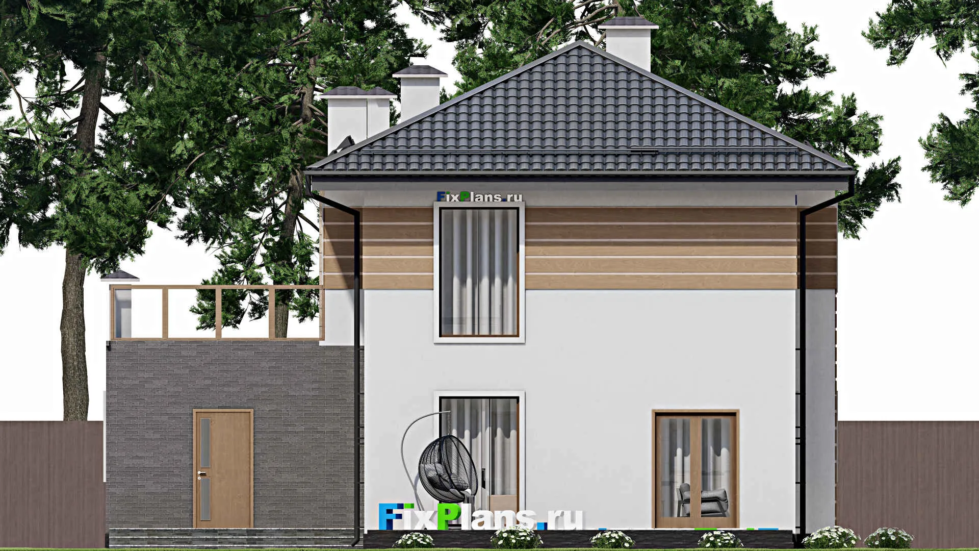 F-8774 - Проект двухэтажного дома 14 на 18, площадью 270 м² с террасой, балконом, гаражом на 1 машину и 4 спальнями