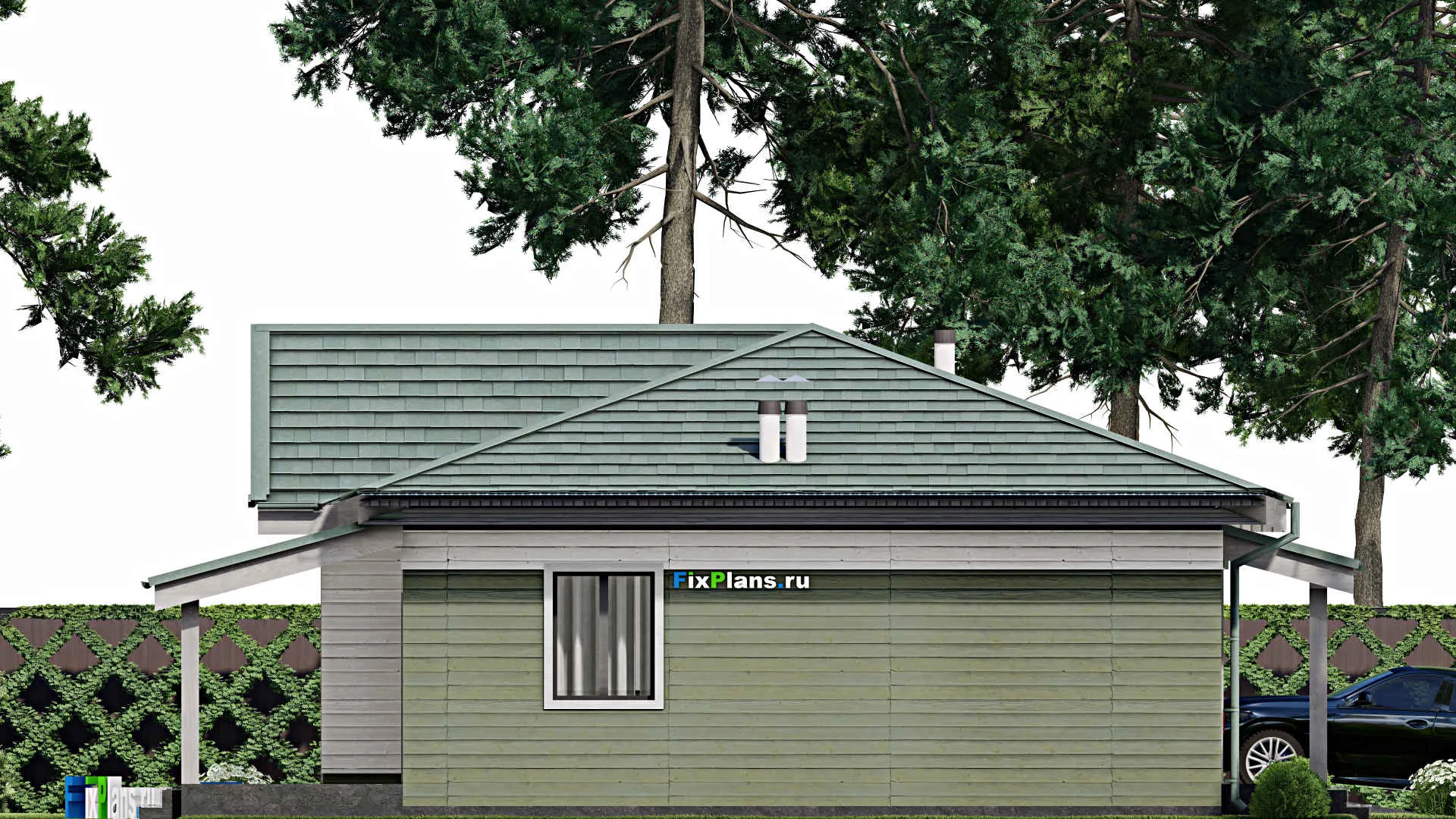 F-9791 - Проект одноэтажного дома 13 на 18, площадью 160 м² с террасой, гаражом на 1 машину и 2 спальнями