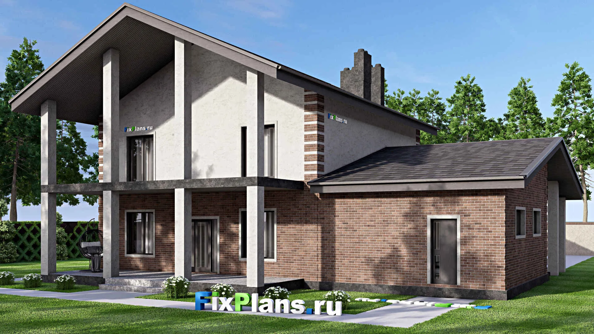 F-14597 - Проект двухэтажного дома 16 на 17, площадью 330 м² с террасой, балконом, гаражом на 2 машины и 4 спальнями