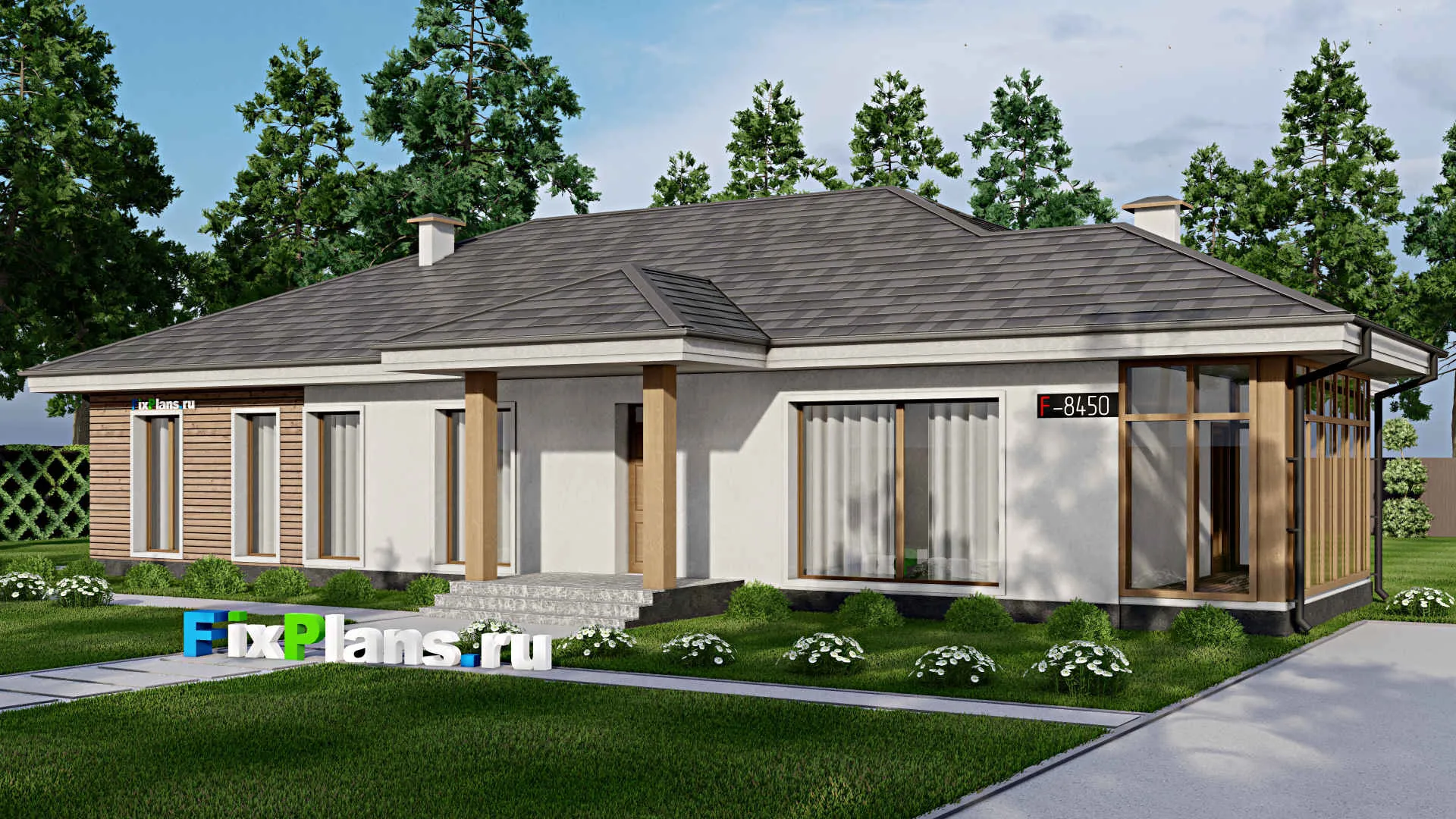 F-8450 - Проект одноэтажного дома 16 на 21, площадью 210 м² с террасой и 6 спальнями
