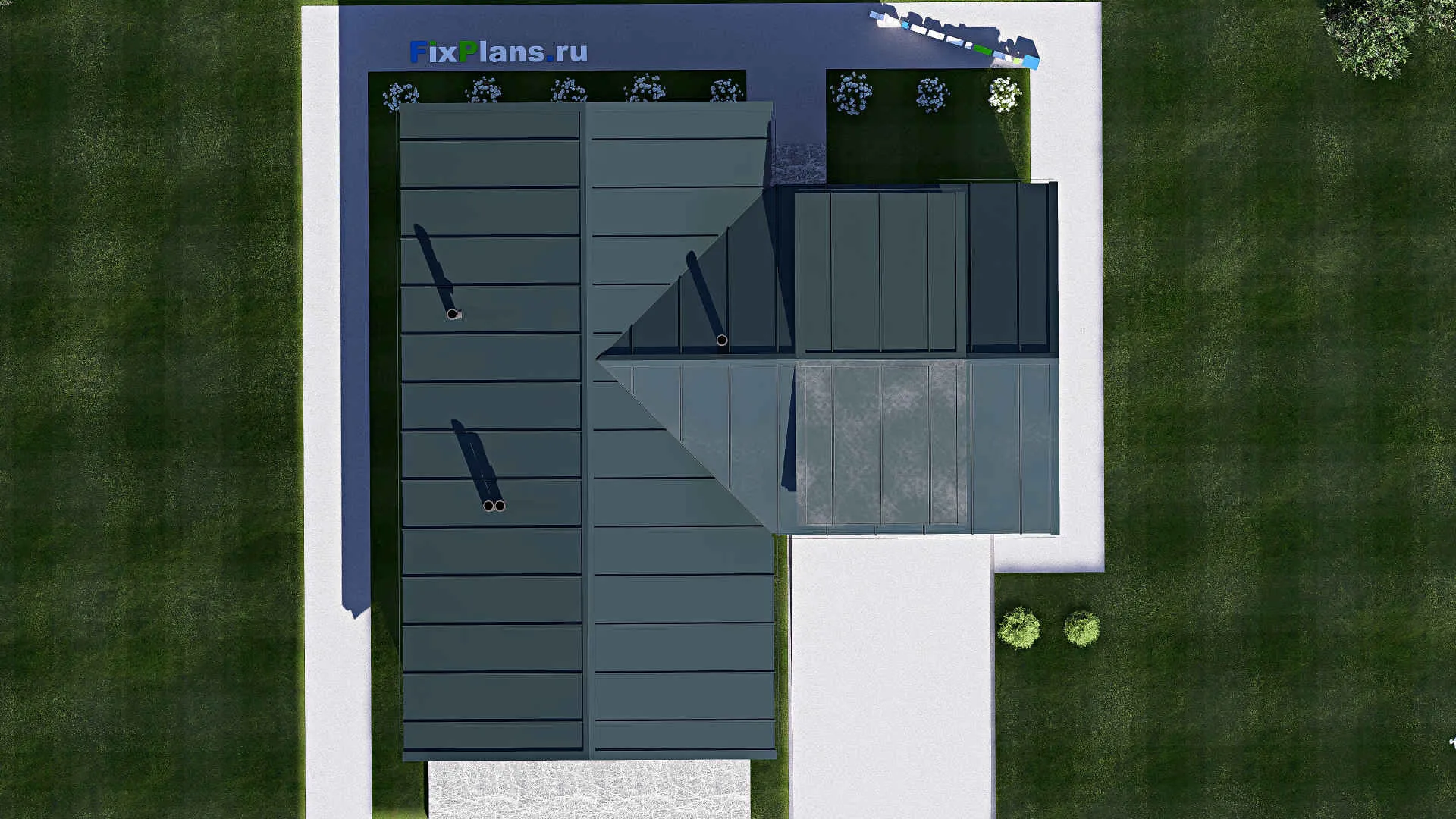 F-20546 - Проект дома с мансардой 14 на 16, площадью 230 м² с террасой, гаражом на 2 машины и 3 спальнями
