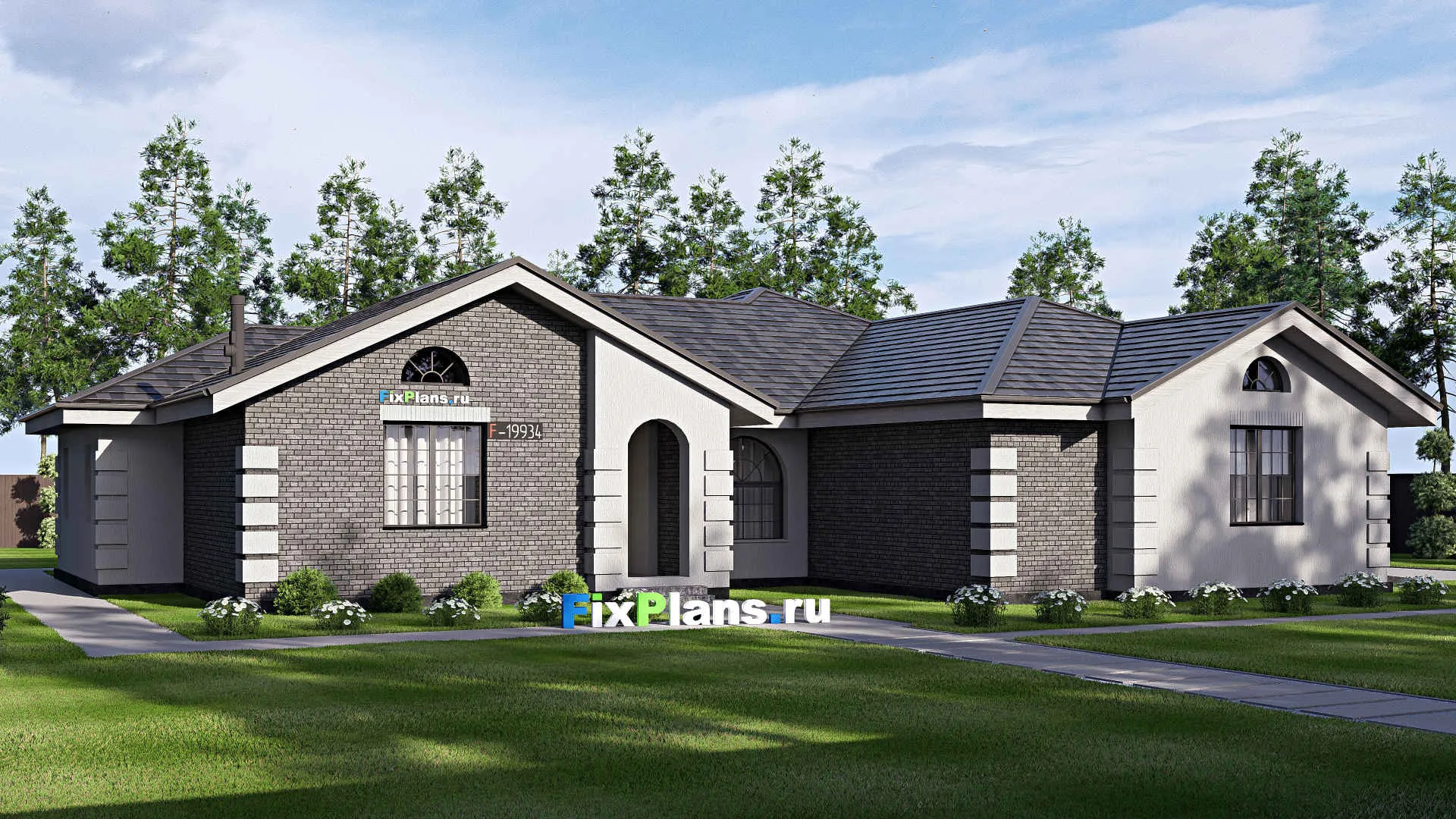 F-19934 - Проект одноэтажного дома 22 на 24, площадью 300 м² с террасой, гаражом на 2 машины и 3 спальнями