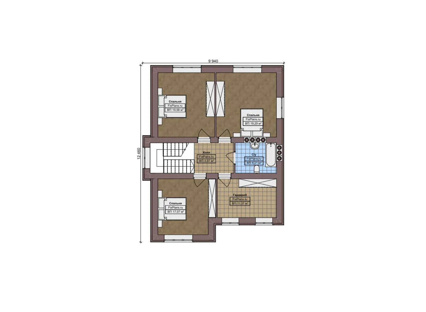 F-9386 - Планы двухэтажного дома 13 на 19, площадью 240 м² с террасой, гаражом на 1 машину и 4 спальнями