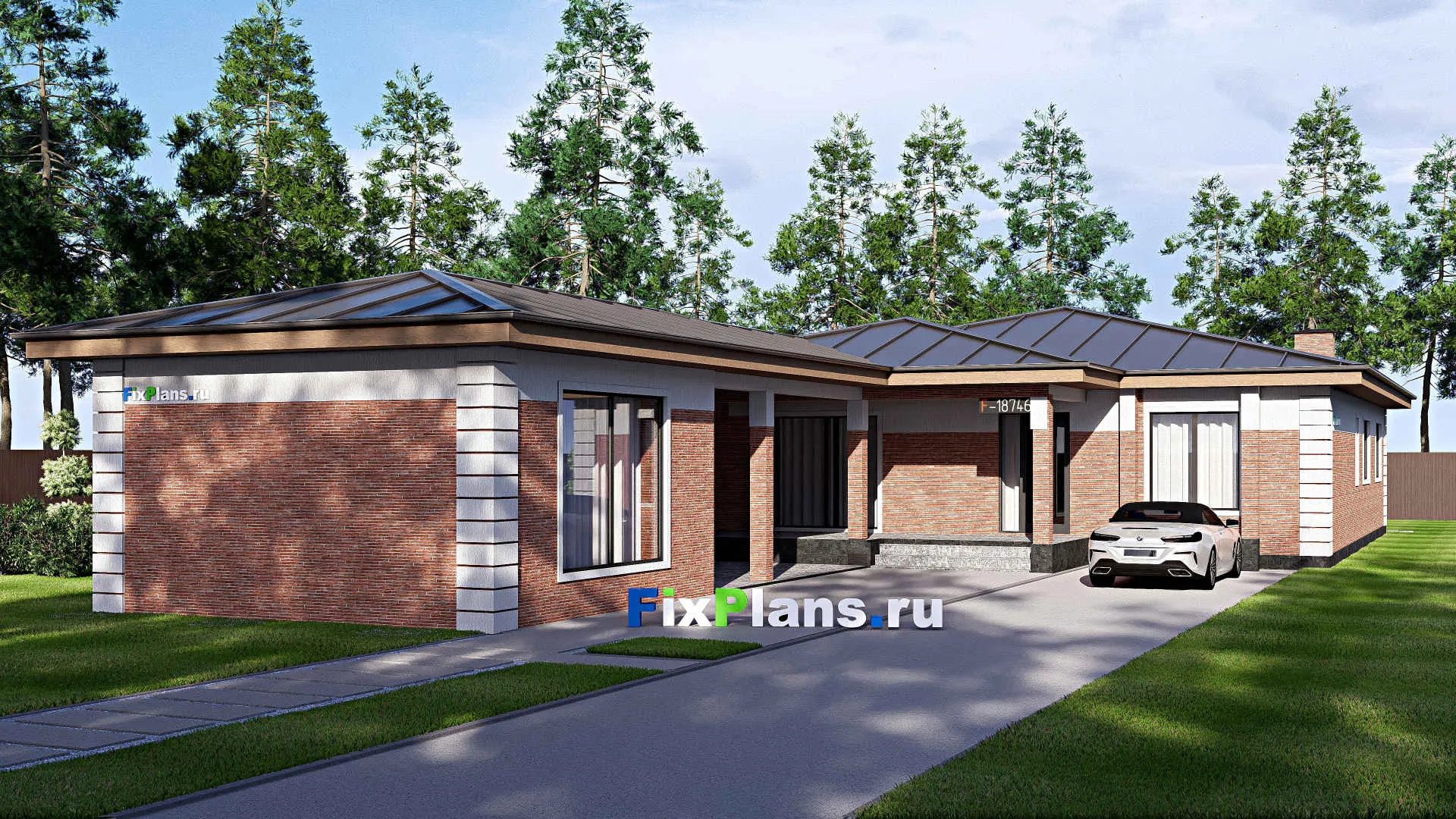 F-18746 - Проект одноэтажного дома 15 на 33, площадью 280 м² с террасой и 4 спальнями