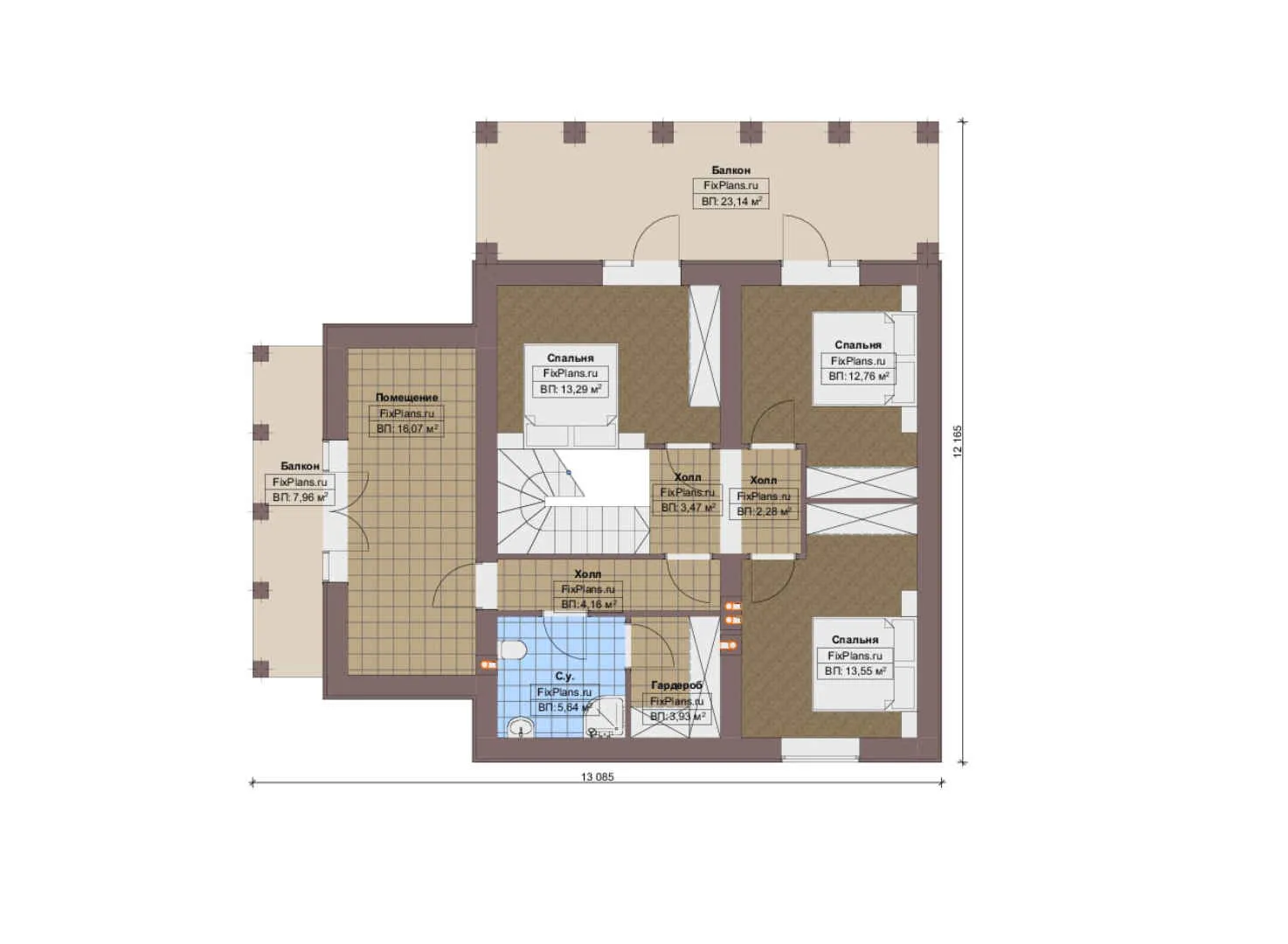 F-20078 - Планы дома с мансардой 15 на 15, площадью 260 м² с террасой, балконом и 3 спальнями