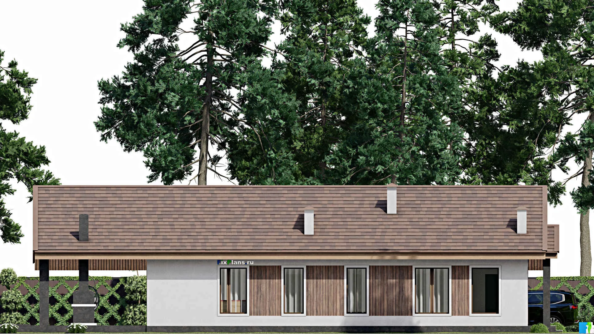 F-10187 - Проект одноэтажного дома 12 на 26, площадью 260 м² с террасой, баней и 2 спальнями