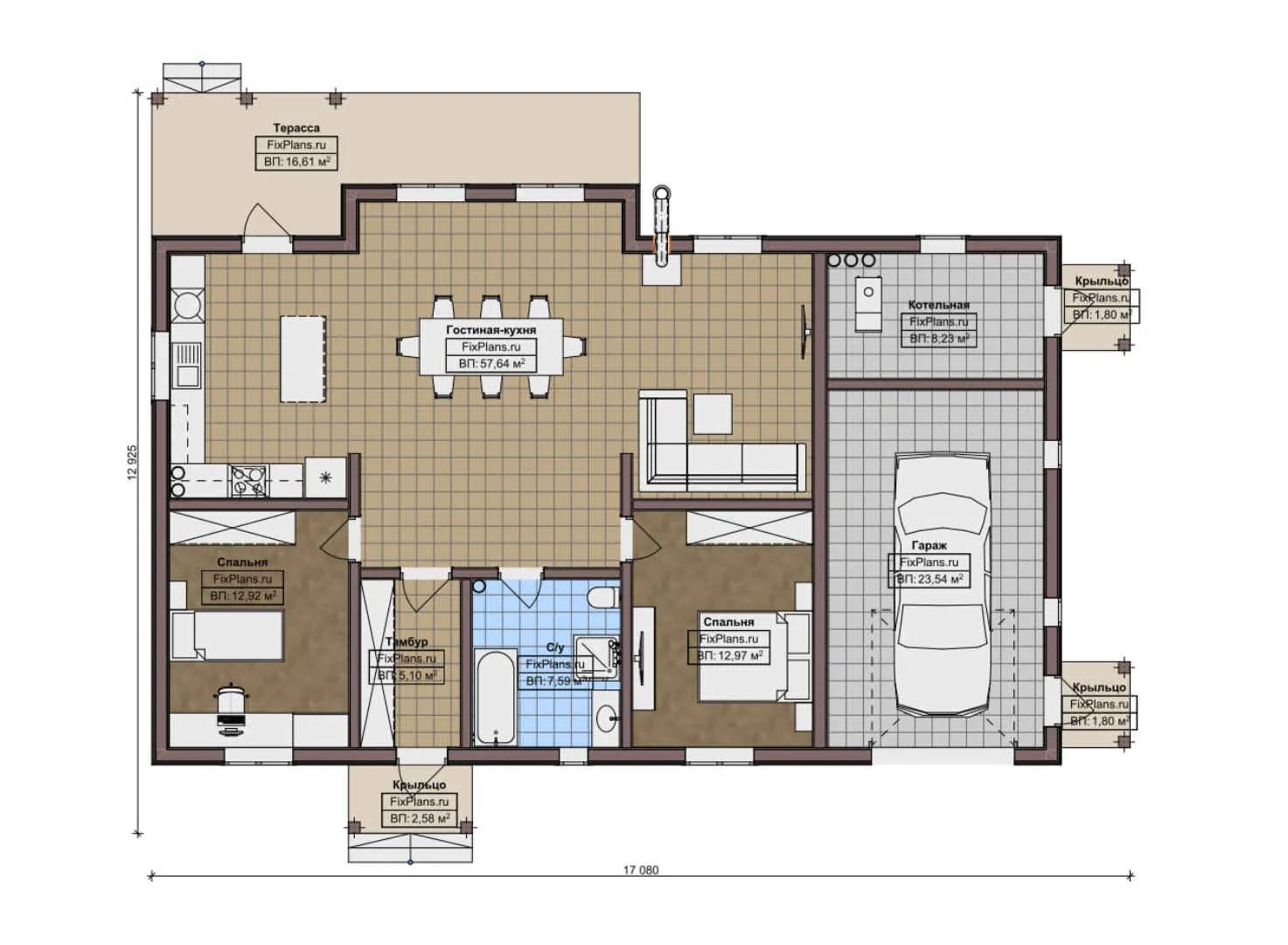 F-9791 - План одноэтажного дома 13 на 18, площадью 160 м² с террасой, гаражом на 1 машину и 2 спальнями