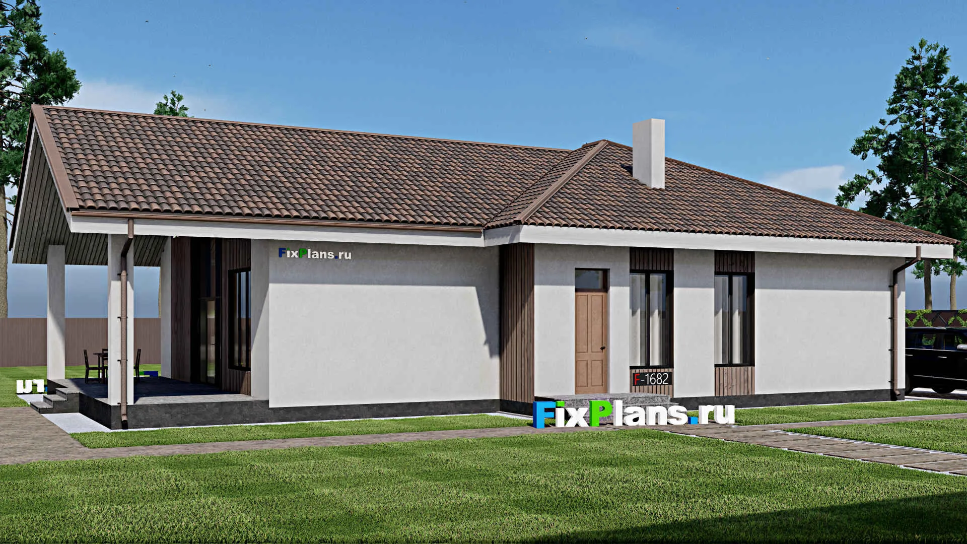F-1682 - Проект одноэтажного дома 12 на 17, площадью 190 м² с террасой и 3 спальнями
