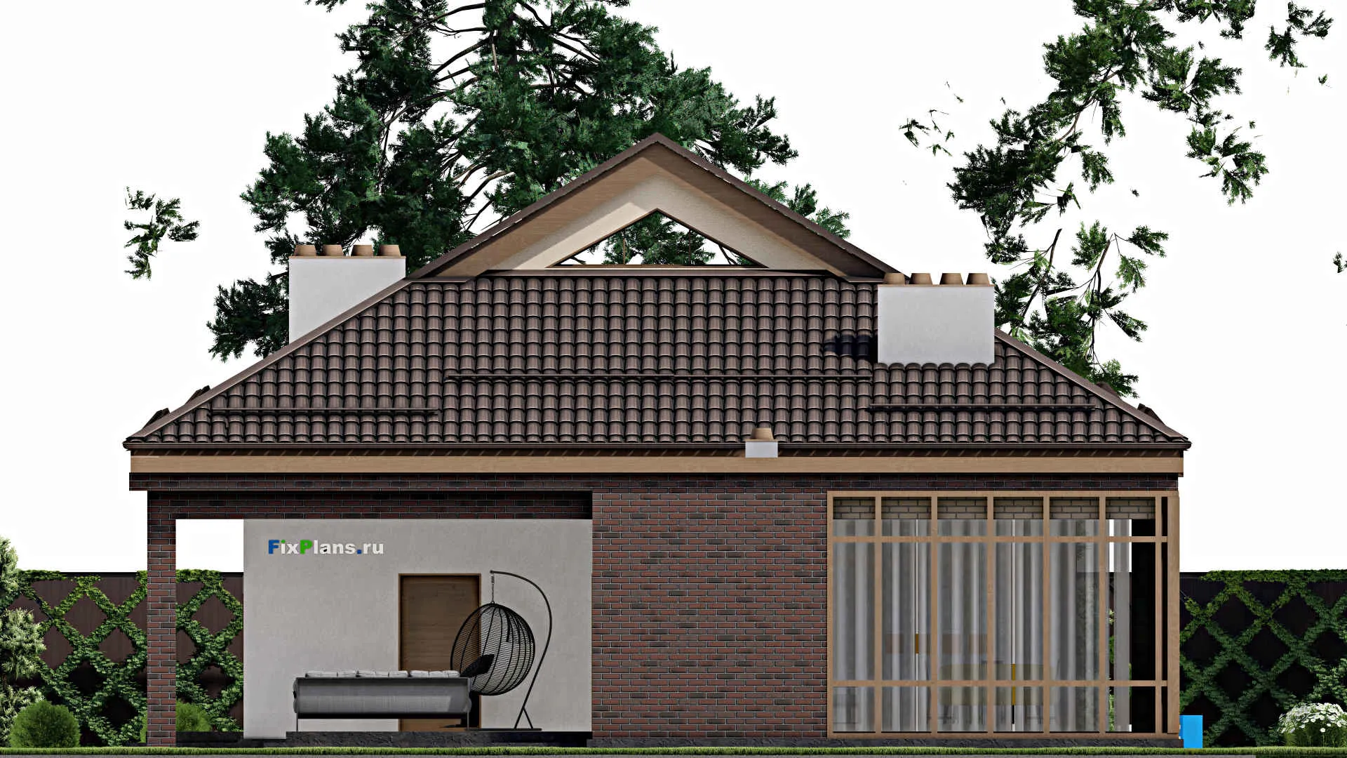 F-2681 - Проект одноэтажного дома 14 на 26, площадью 210 м² с террасой, баней и 2 спальнями