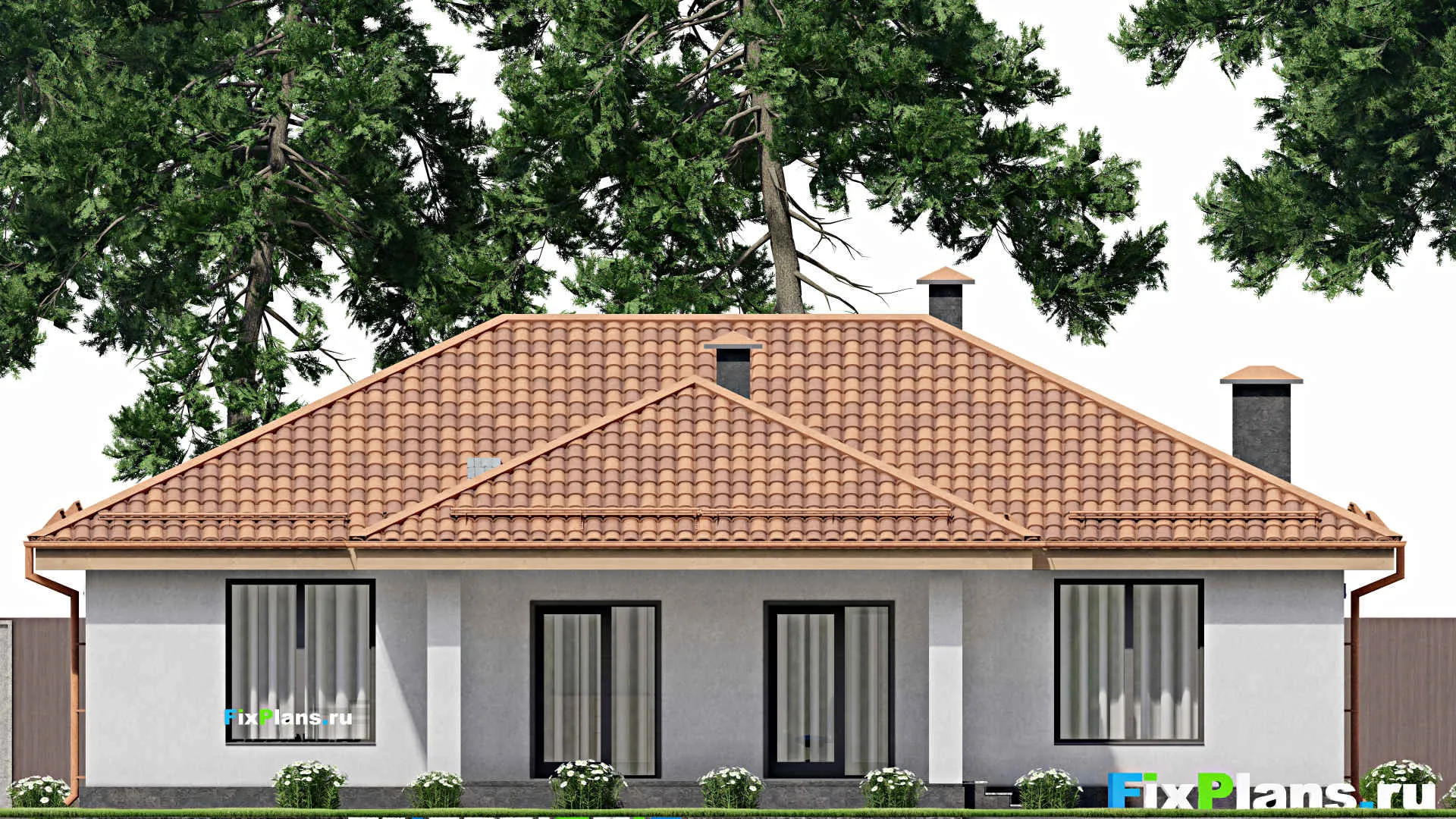 F-11078 - Проект одноэтажного дома 15 на 16, площадью 140 м² с террасой и 3 спальнями