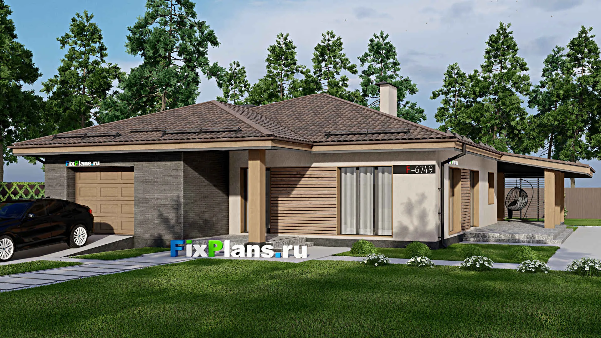 F-6749 - Проект одноэтажного дома 17 на 20, площадью 220 м² с террасой, гаражом на 2 машины и 3 спальнями