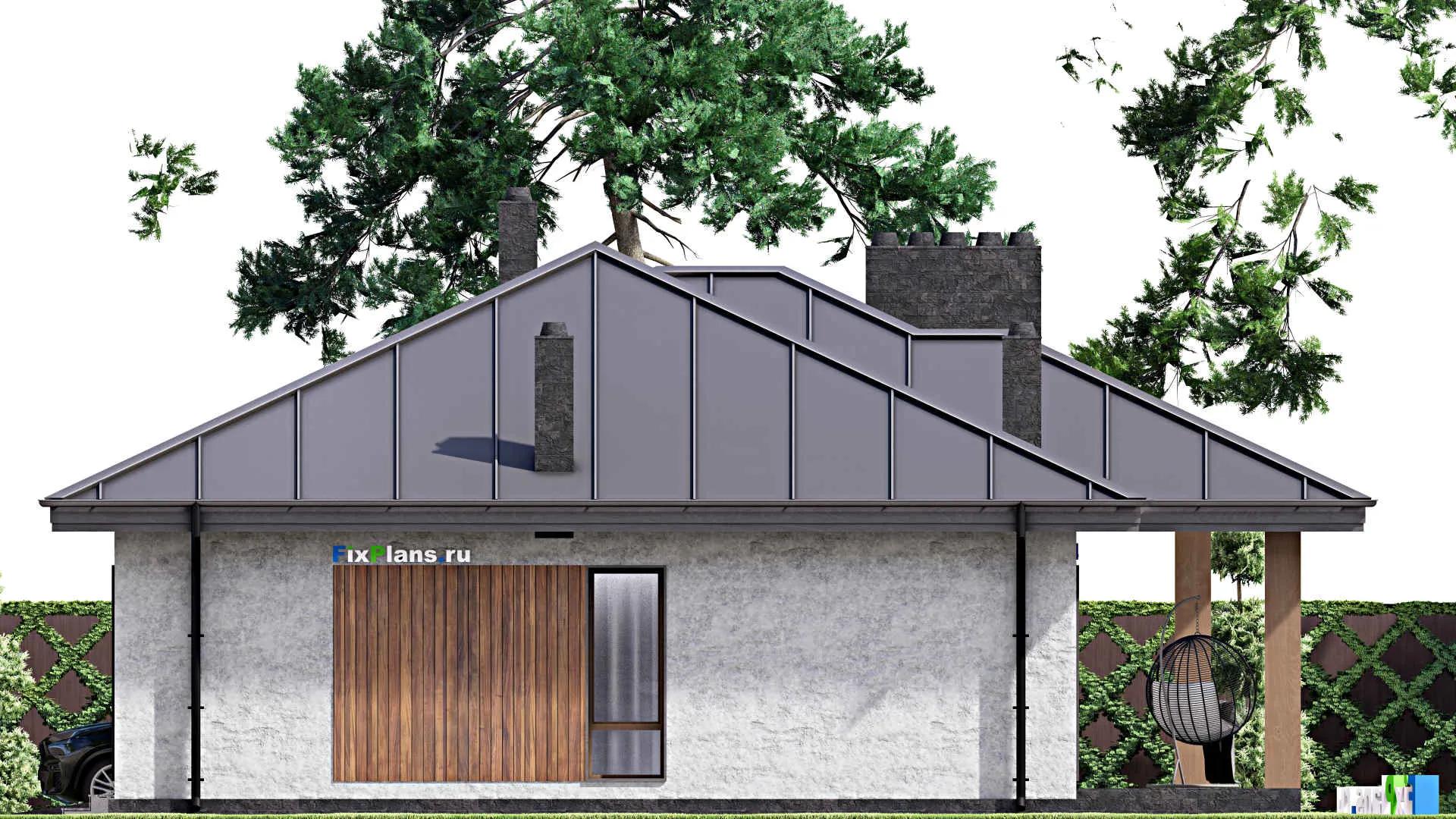 F-14588 - Проект одноэтажного дома 14 на 21, площадью 200 м² с террасой, гаражом на 1 машину и 2 спальнями