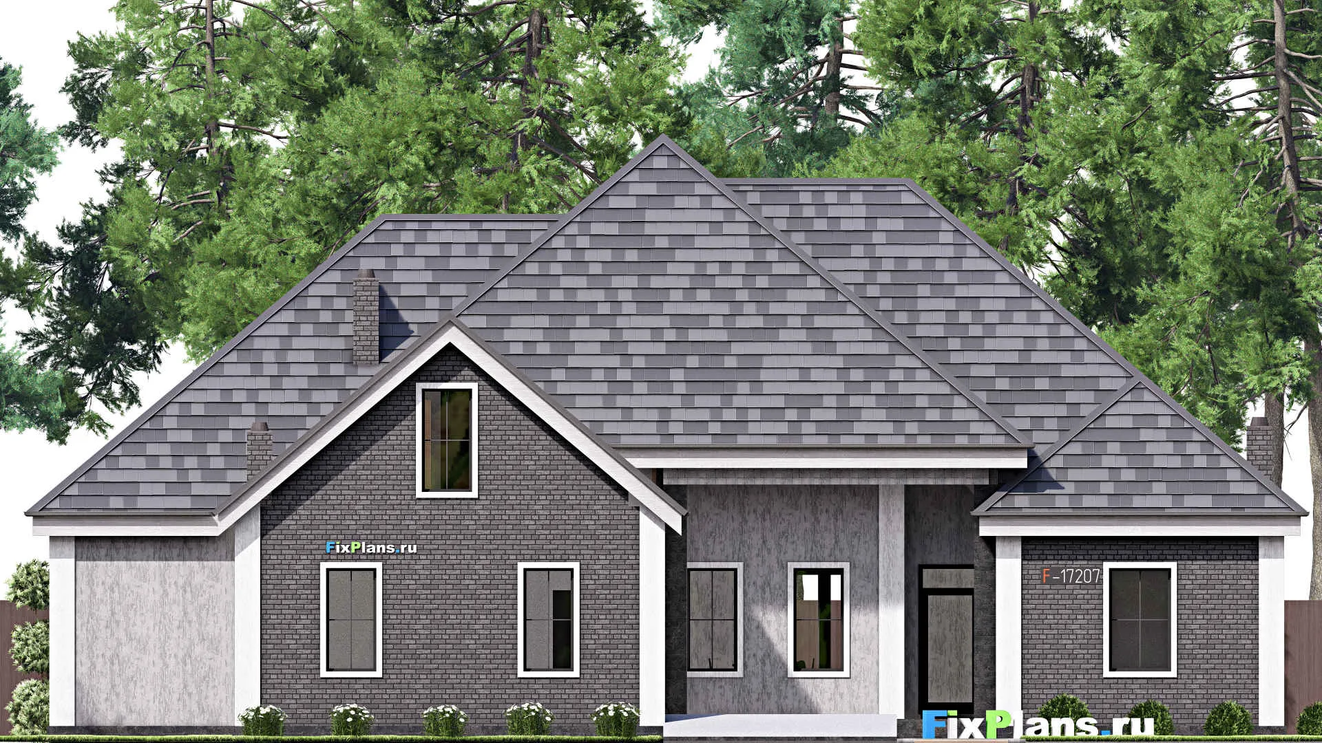 F-17207 - Проект одноэтажного дома 21 на 28, площадью 300 м² с террасой, гаражом на 2 машины и 3 спальнями