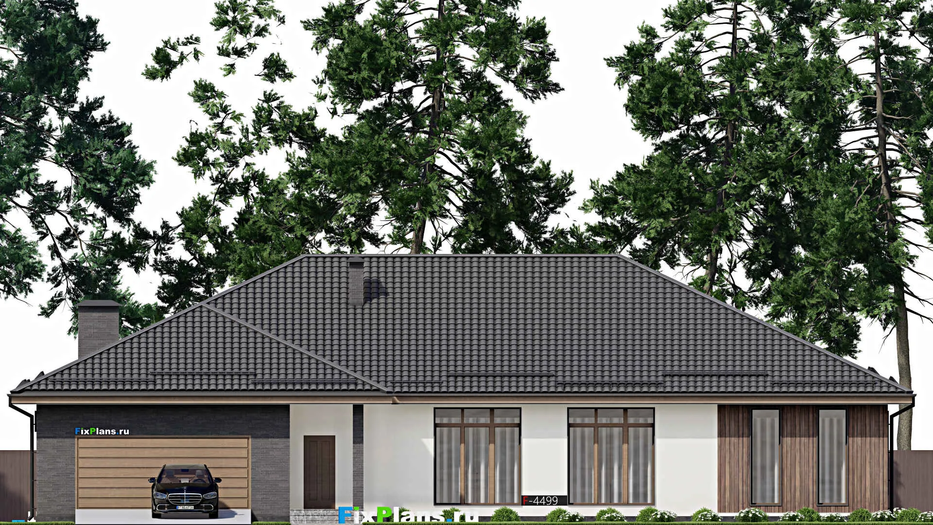 F-4499 - Проект одноэтажного дома 17 на 25, площадью 330 м² с гаражом на 2 машины и 3 спальнями