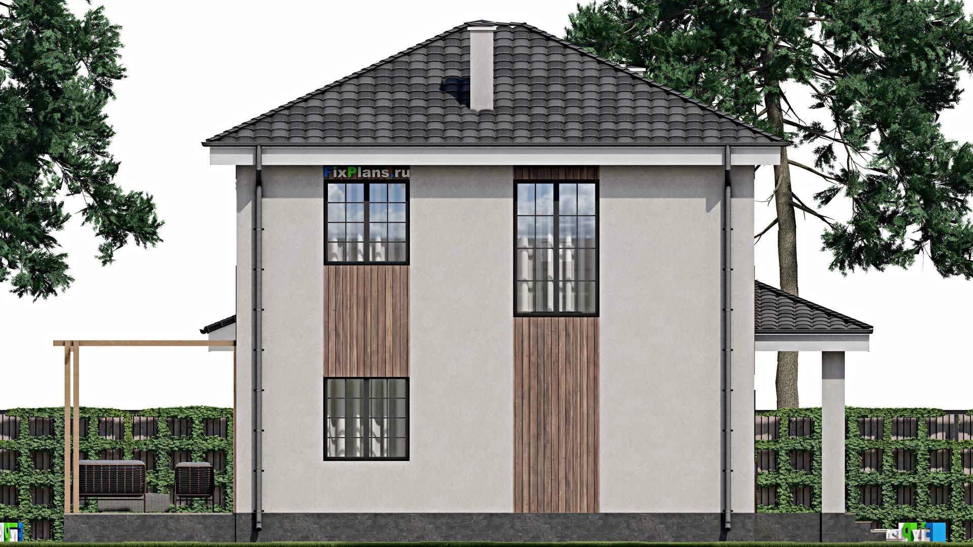 F-1583 - Проект двухэтажного дома 9 на 13, площадью 180 м² с террасой, гаражом на 1 машину и 4 спальнями