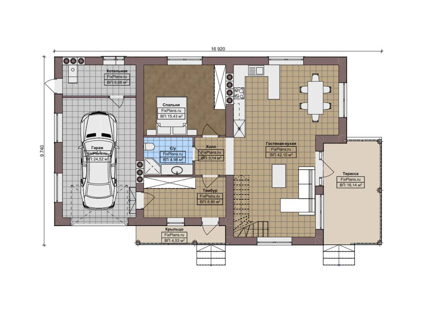 F-8603 - Планы дома с мансардой 10 на 17, площадью 200 м² с террасой, балконом, гаражом на 1 машину, вторым светом и 4 спальнями