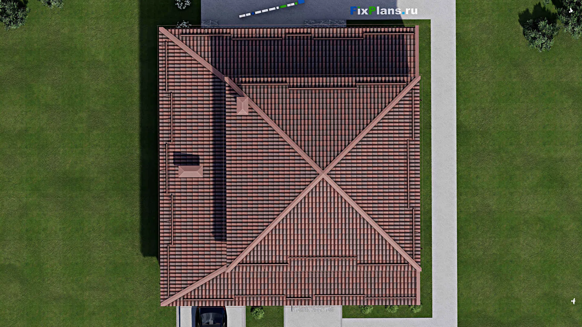 F-6803 - Проект двухэтажного дома 15 на 16, площадью 250 м² с террасой, гаражом на 1 машину и 4 спальнями