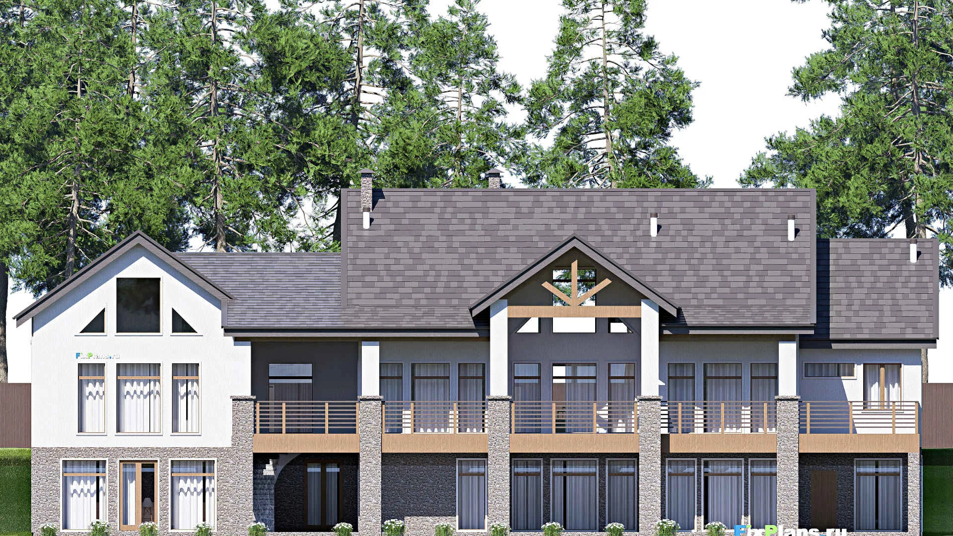 F-20618 - Проект двухэтажного дома 18 на 32, площадью 710 м² с террасой, цокольным этажом, гаражом на 2 машины и 5 спальнями