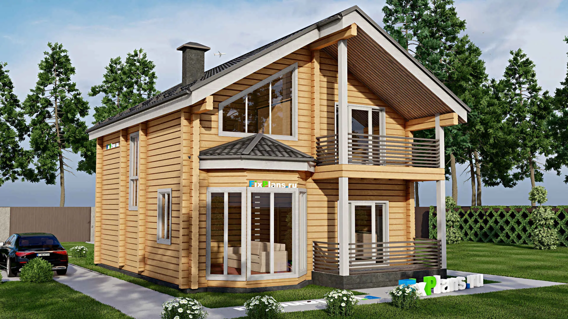 F-10124 - Проект дома с мансардой 9 на 12, площадью 140 м² с террасой, балконом и 4 спальнями