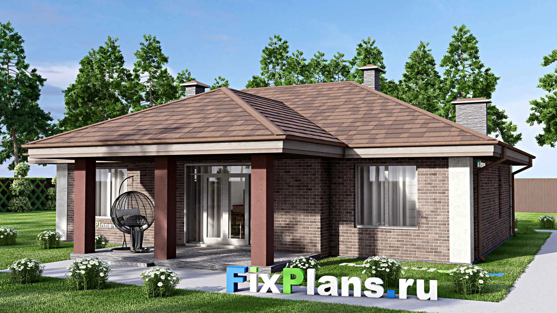 F-14282 - Проект одноэтажного дома 15 на 16, площадью 150 м² с террасой и 3 спальнями