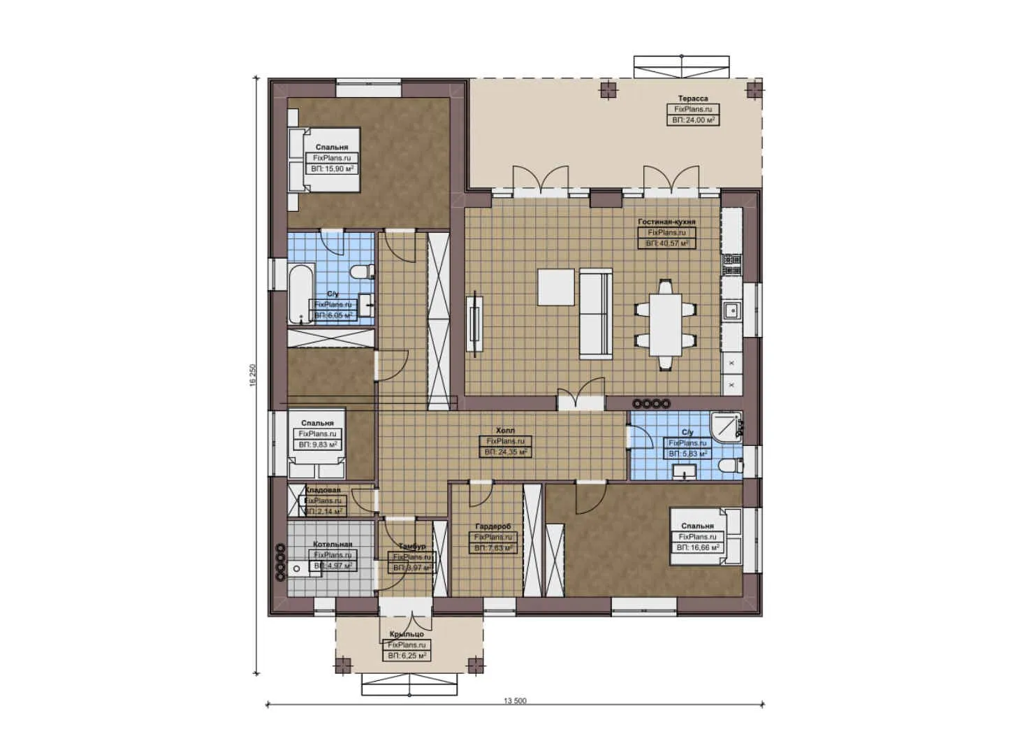F-9782 - План одноэтажного дома 14 на 17, площадью 170 м² с террасой и 3 спальнями