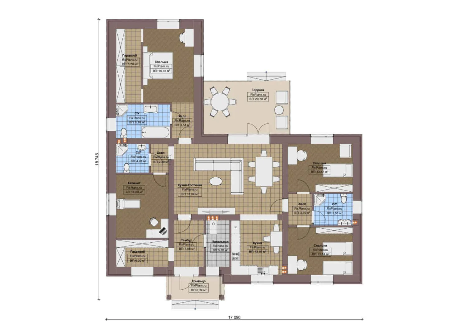 F-19619 - План одноэтажного дома 17 на 19, площадью 200 м² с террасой и 3 спальнями