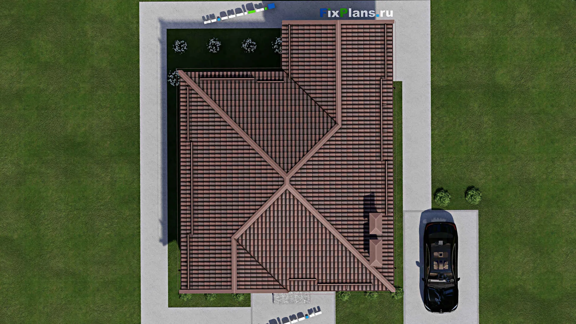 F-7415 - Проект одноэтажного дома 11 на 11, площадью 100 м² с террасой и 2 спальнями