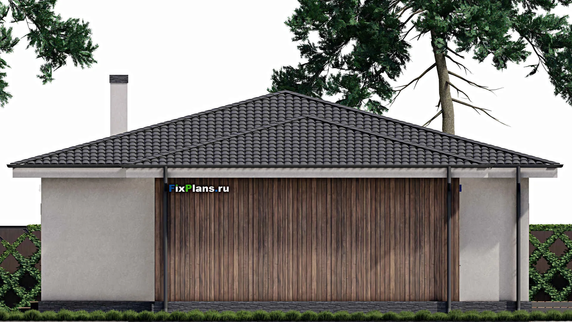 F-0350 - Проект одноэтажного дома 13 на 18, площадью 220 м² с террасой, гаражом на 1 машину и 3 спальнями