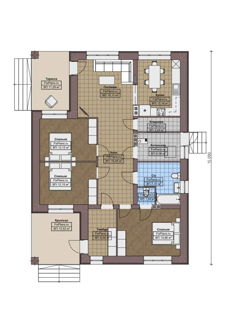 F-2096 - План одноэтажного дома 12 на 16, площадью 140 м² с террасой и 3 спальнями