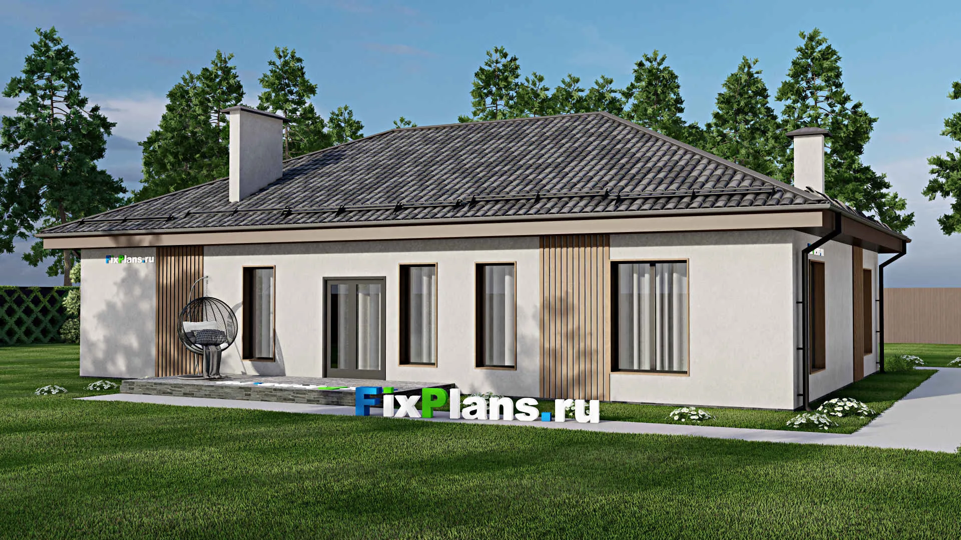 F-7181 - Проект одноэтажного дома 14 на 17, площадью 170 м² с террасой, гаражом на 1 машину и 3 спальнями