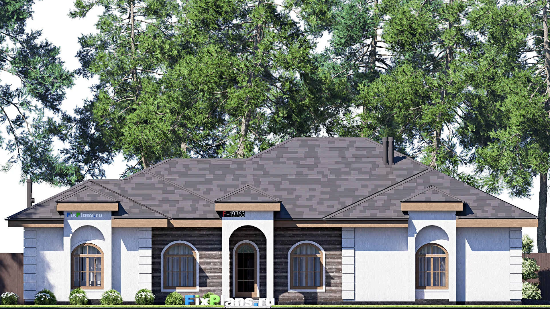 F-19763 - Проект одноэтажного дома 17 на 22, площадью 260 м² с гаражом на 2 машины и 4 спальнями