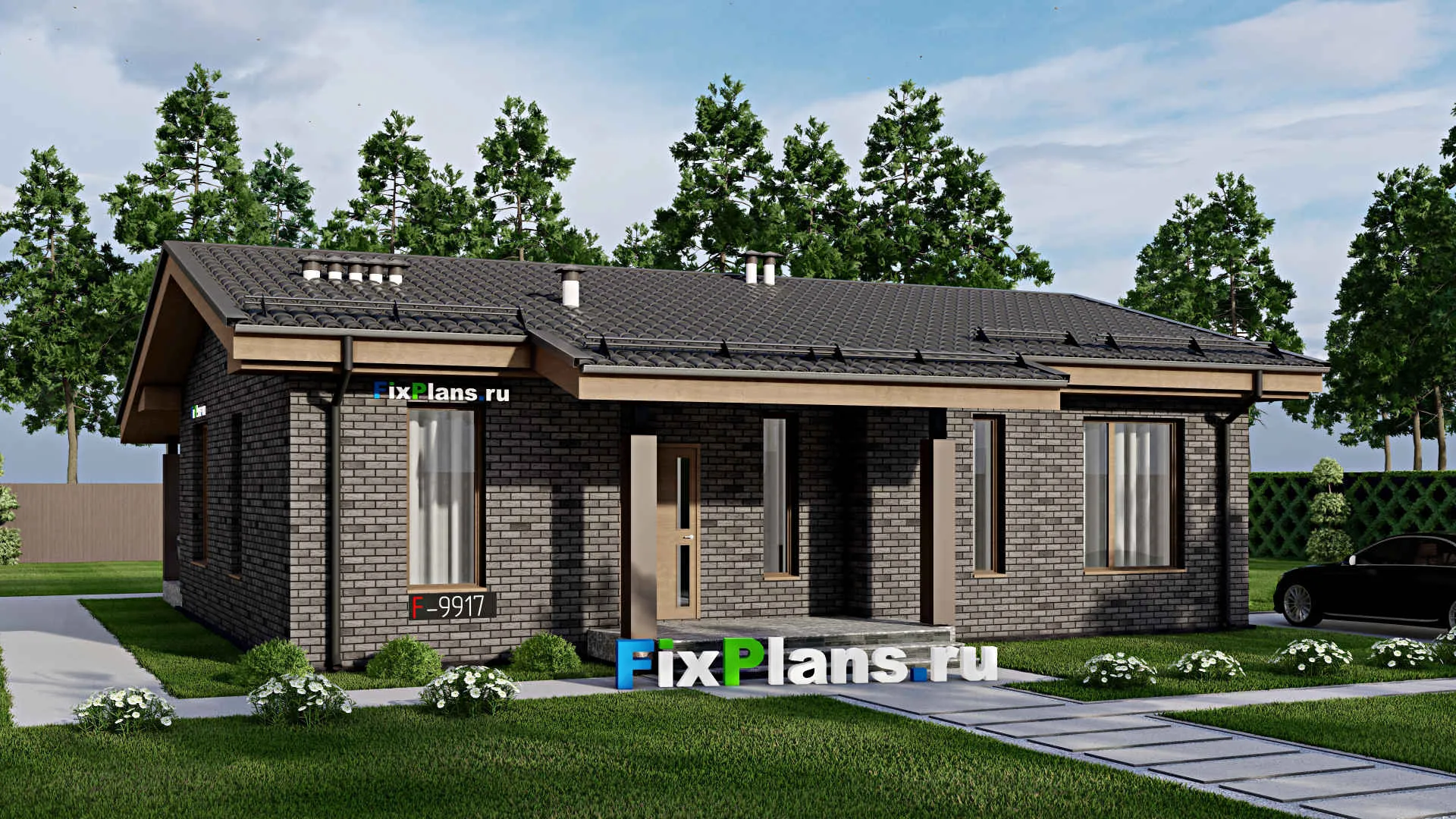 F-9917 - Проект одноэтажного дома 14 на 14, площадью 130 м² с террасой и 3 спальнями