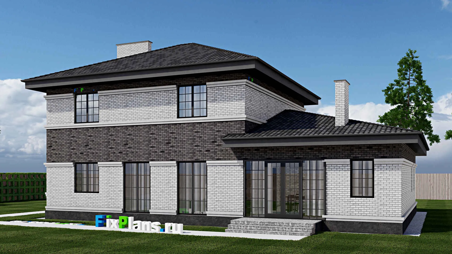 F-1772 - Проект двухэтажного дома 12 на 17, площадью 240 м² с террасой, гаражом на 2 машины и 4 спальнями