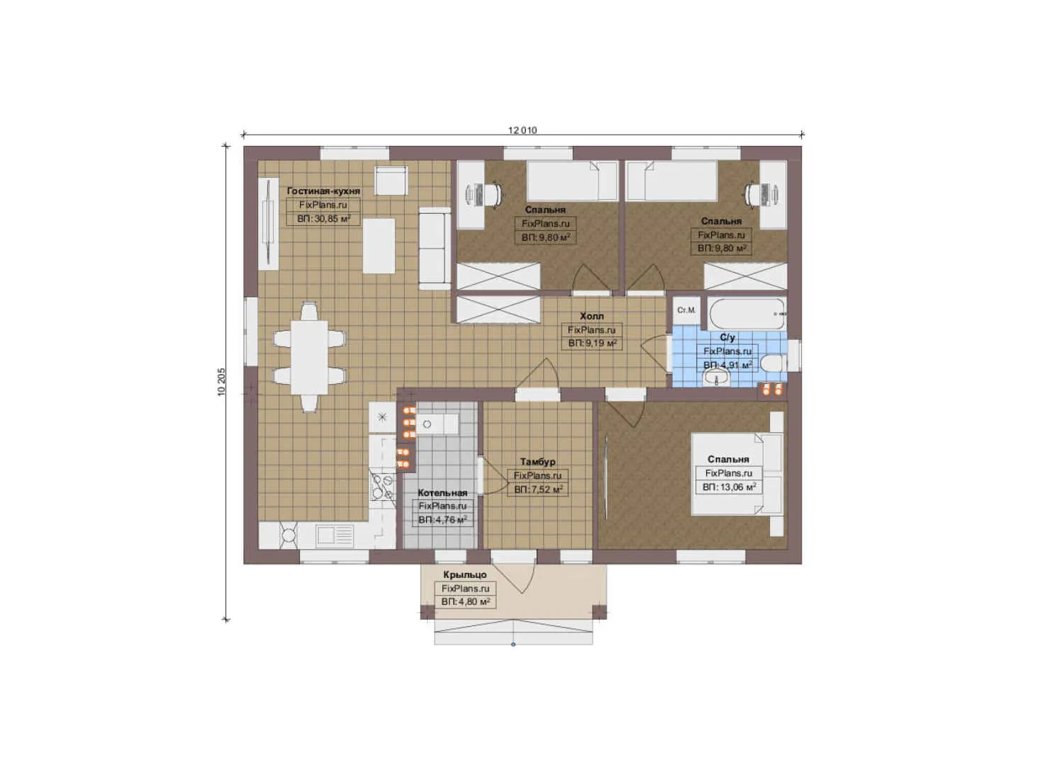 F-13652 - План одноэтажного дома 11 на 13, площадью 100 м² с 3 спальнями