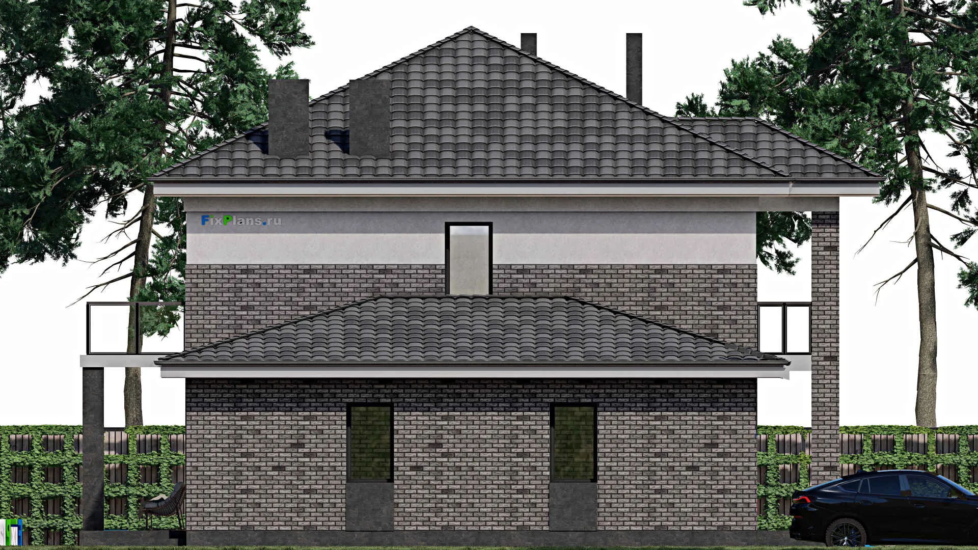 F-1142 - Проект двухэтажного дома 11 на 17, площадью 270 м² с террасой, балконом, гаражом на 1 машину и 4 спальнями