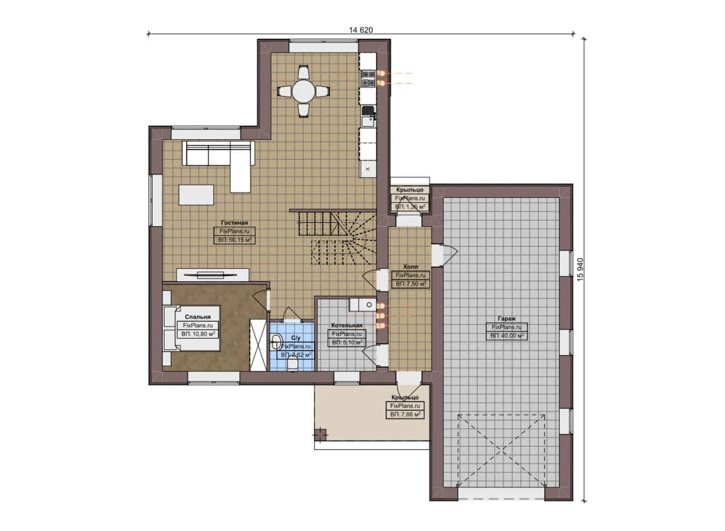 F-8108 - Планы двухэтажного дома 15 на 16, площадью 190 м² с гаражом на 2 машины и 4 спальнями