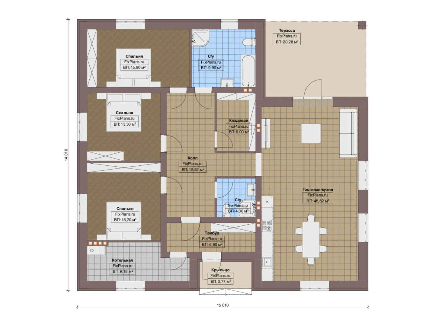 F-14354 - План одноэтажного дома 15 на 16, площадью 170 м² с террасой и 3 спальнями