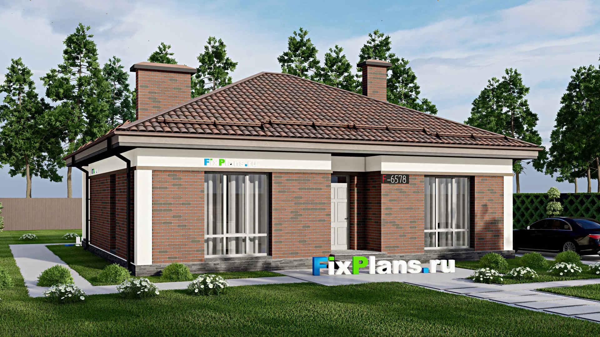 F-6578 - Проект одноэтажного дома 12 на 13, площадью 120 м² с террасой и 3 спальнями